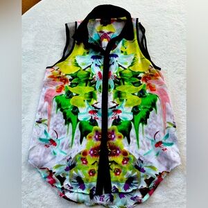 Prabal Gurung Tropical Print Sleeveless Button Down Blouse Mesh Detail Sz S